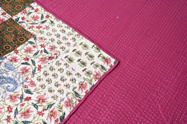 Crimson Dahlia Cotton Single Bed Dohar / Bed Cover With Kantha Work