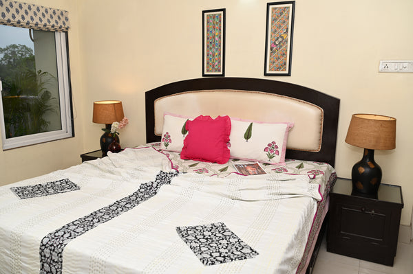 Black Floral Fusion Kantha Double Bed Dohar / Bed Cover