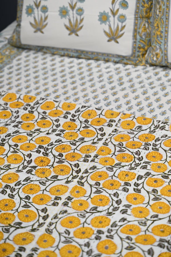 Sunny Daisies Cotton Double Bed Dohar With Kantha Handcrafted Stitching