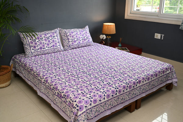 Lavender Floral Cotton Double Bedsheet with 2 Pillow Covers