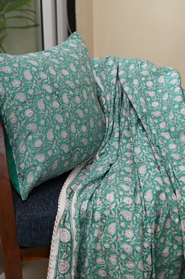 Emerald Empress Cotton Single Bed Dohar / Bed Cover With Kantha Work