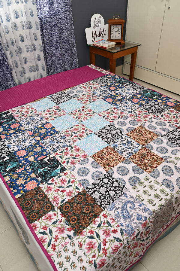 Monsoon Melody Cotton Patch Work Kantha Bed Dohar / Bed Cover